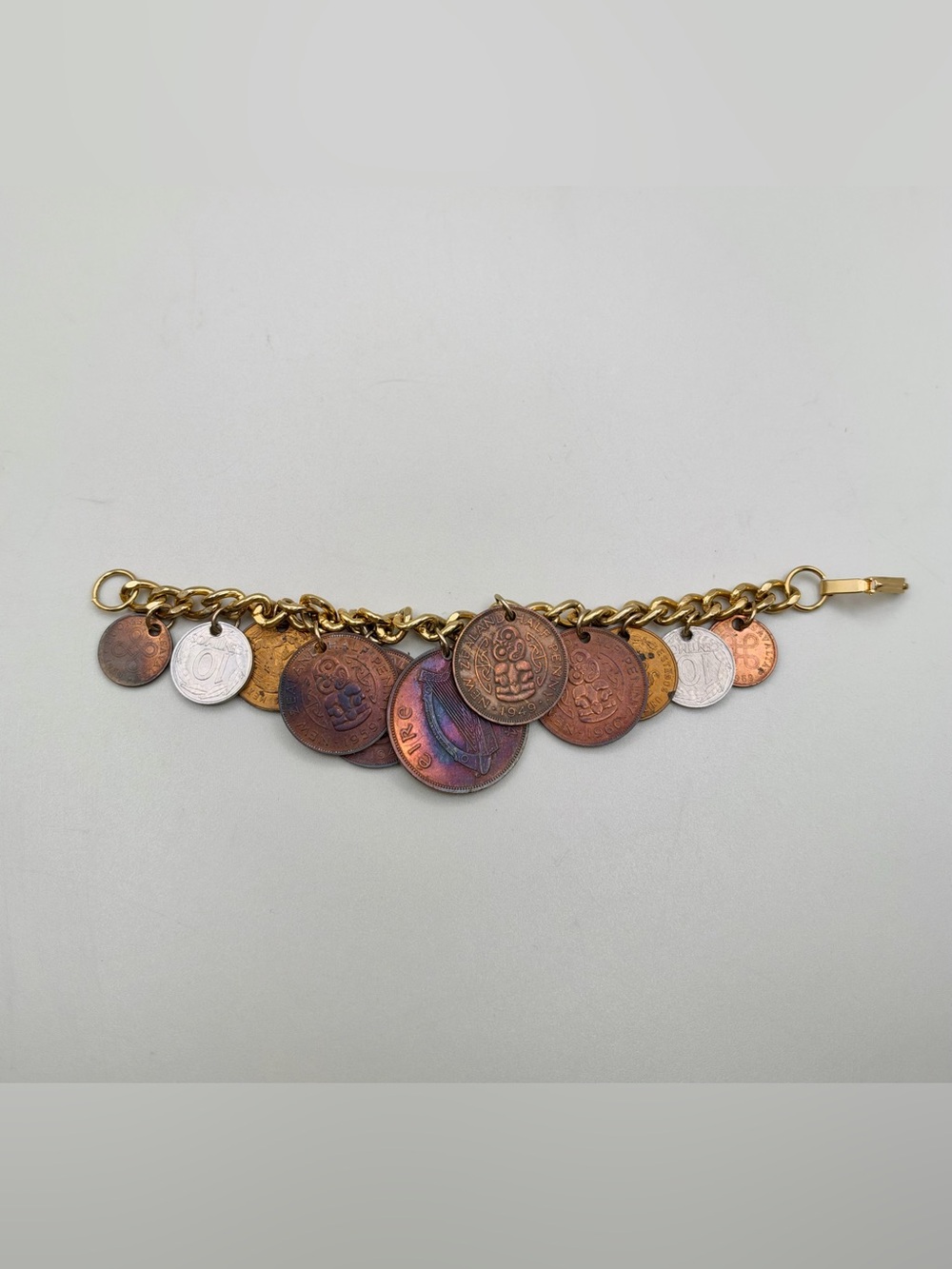 VTG World Coin Charm Bracelet Ireland New Zealand Mexico Spain Travel History